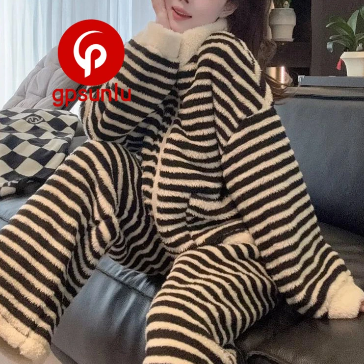 gpsunlu高级感加绒加厚保暖睡衣女慵懒风条纹家居服2026秋冬新款