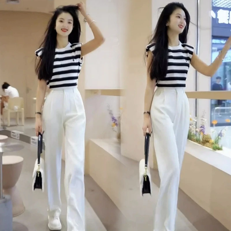 2024新款夏装配一整套气质网红炸街时尚职业阔腿裤两件套装女装