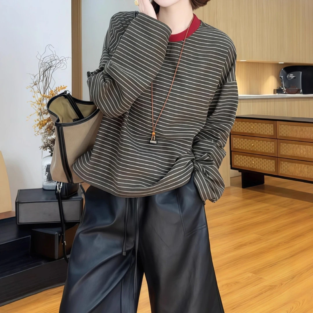 高品质条纹长袖T恤女春秋冬新款打底衫休闲显瘦卫衣单穿上衣内搭