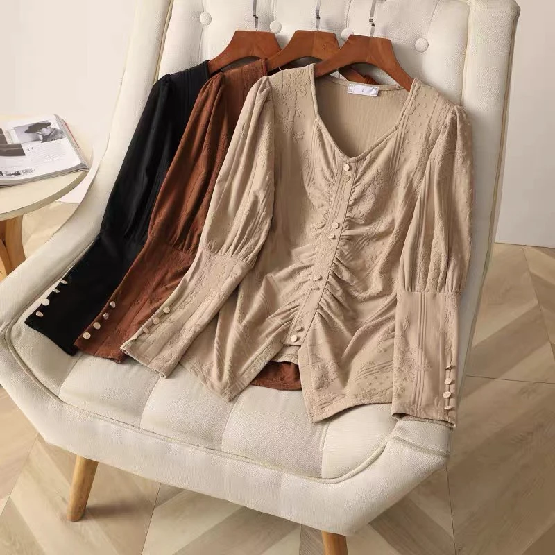 9166（28）拼接纽扣秋季大码衬衫常规款宽松型树脂固色薄款单排多扣