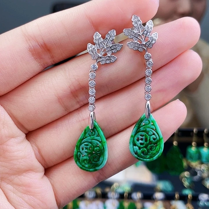翡翠耳饰银S925镶嵌饰品