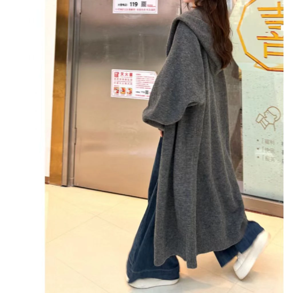 原版韩系慵懒风连帽长款过膝针织开衫女秋冬加厚宽松显瘦外套大衣