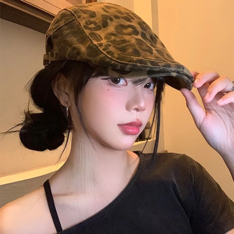 美式复古辣妹豹纹帽子前进秋加宽大头围贝雷帽百搭显脸小头部防护