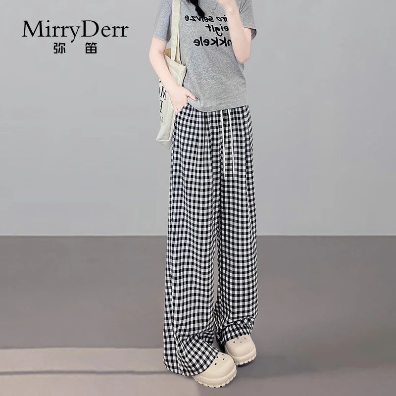 MirryDerr/弥笛加长格子阔腿裤女2025夏薄款直筒垂感慵懒拖地裤子
