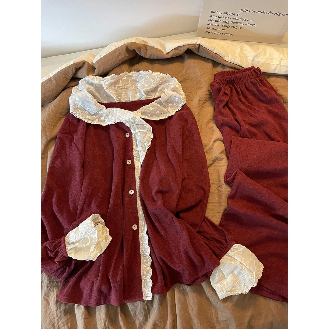 韩版设计感拼接荷叶边睡衣女春秋款2025新款休闲家居服套装可外穿