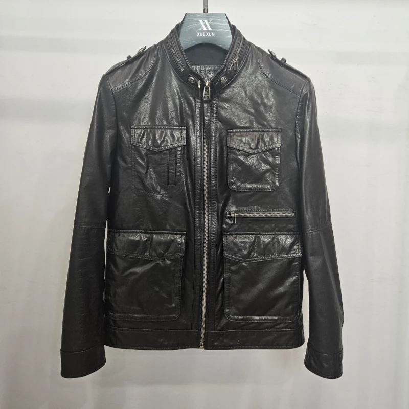 款9887，男士新款优选“油腊牛皮”立领工装款多口袋百搭真皮皮衣