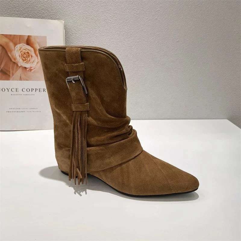 小众绒面尖头流苏瘦瘦靴短靴女2024秋冬新款口时装靴马丁靴