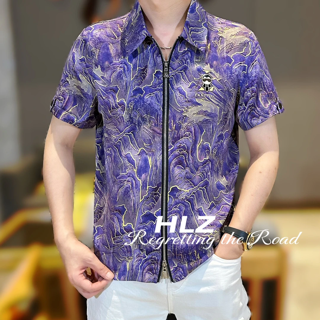 2025爆款男士休闲时尚百搭国风山水画双拉链薄款翻领短袖衬衫衬衣