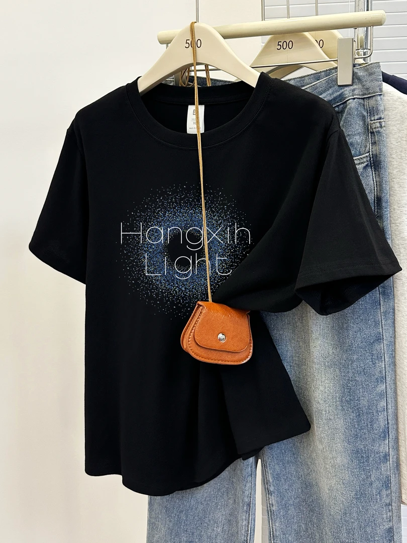 大码胖mm圆领正肩短袖t恤女夏季新款休闲字母印花百搭显瘦上衣潮