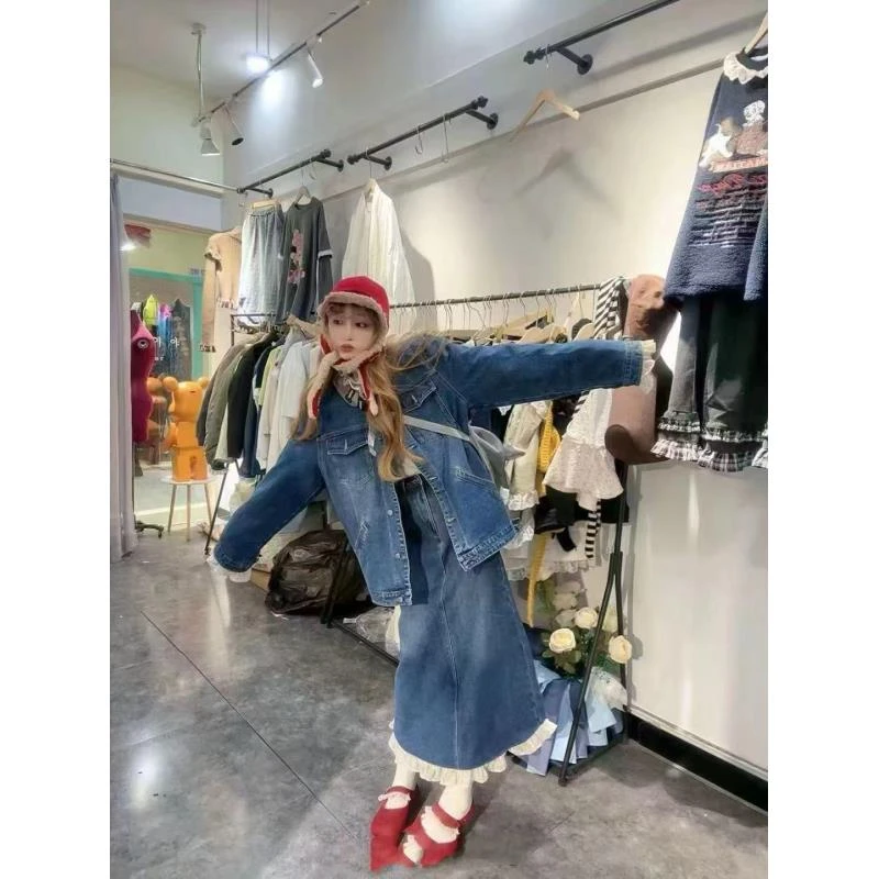 小香风荷叶边牛仔套装女2025春季新款时尚洋气半身裙两件套赫本风