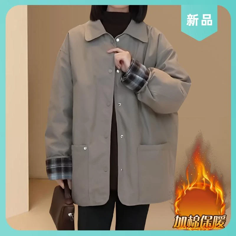2025秋冬季英伦风高级感加棉风衣外套女翻领宽松显瘦保暖风衣外套