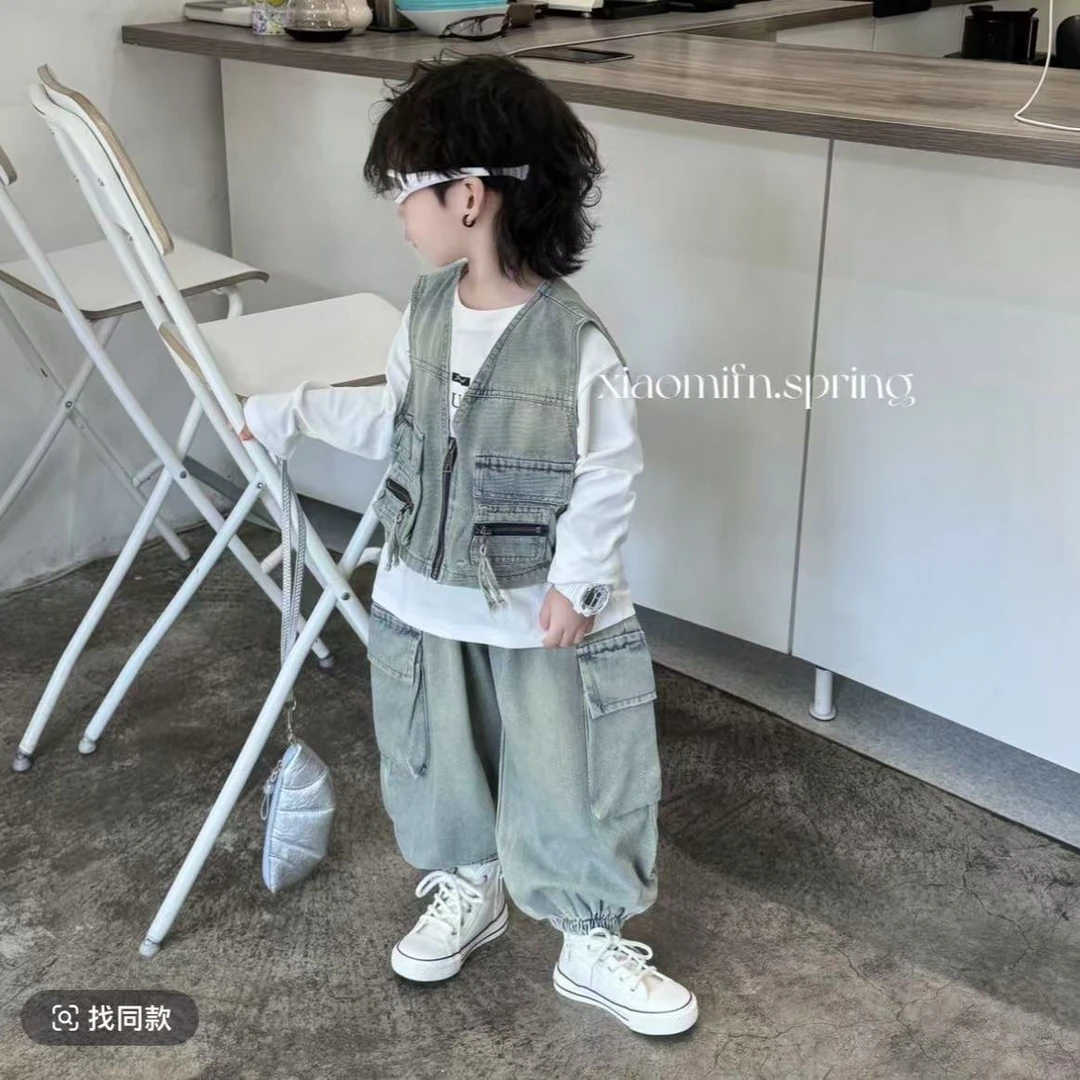 2025春秋季新款洋气卡通做旧牛仔裤马甲套装潮款韩版男童宝三件套