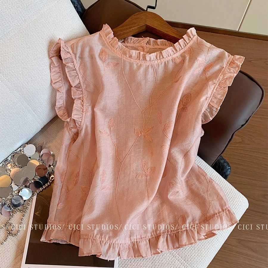 甜美风粉色木耳边刺绣无袖背心女2025夏季新款减龄显瘦设计感上衣
