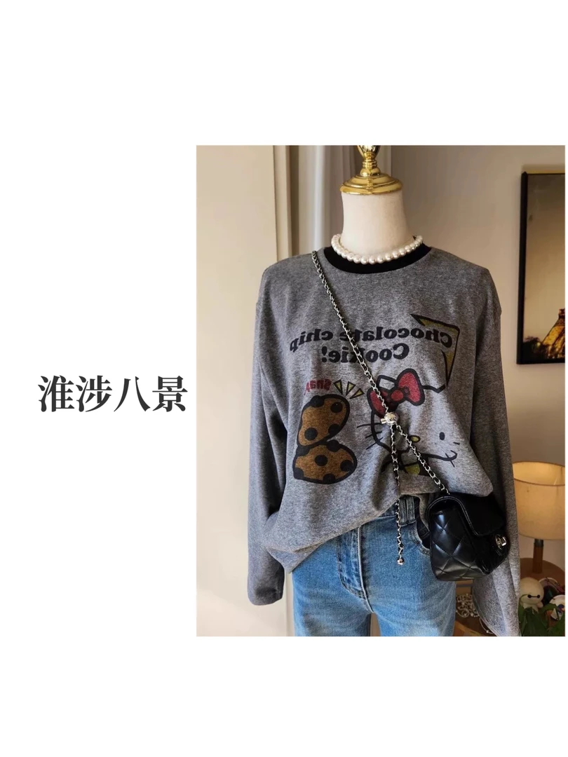 韩国东大门毛巾棉kitty 圆领时尚长袖T恤