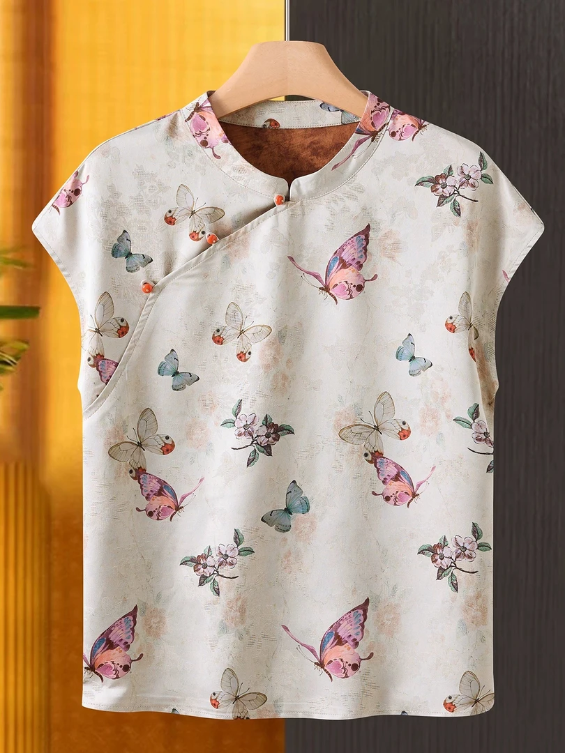 M125蝴蝶印花立领落肩袖宽松显瘦新中式复古风茶服上衣衬衫