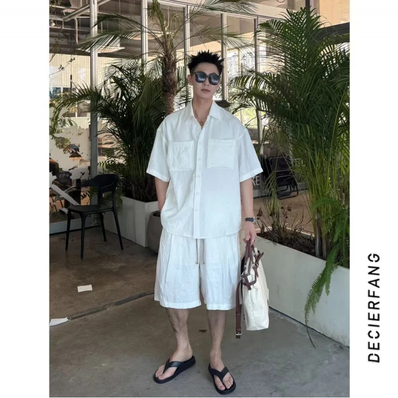 2025夏季新款老钱风衬衫男薄款休闲运动套装时尚纯色帅气高级套装