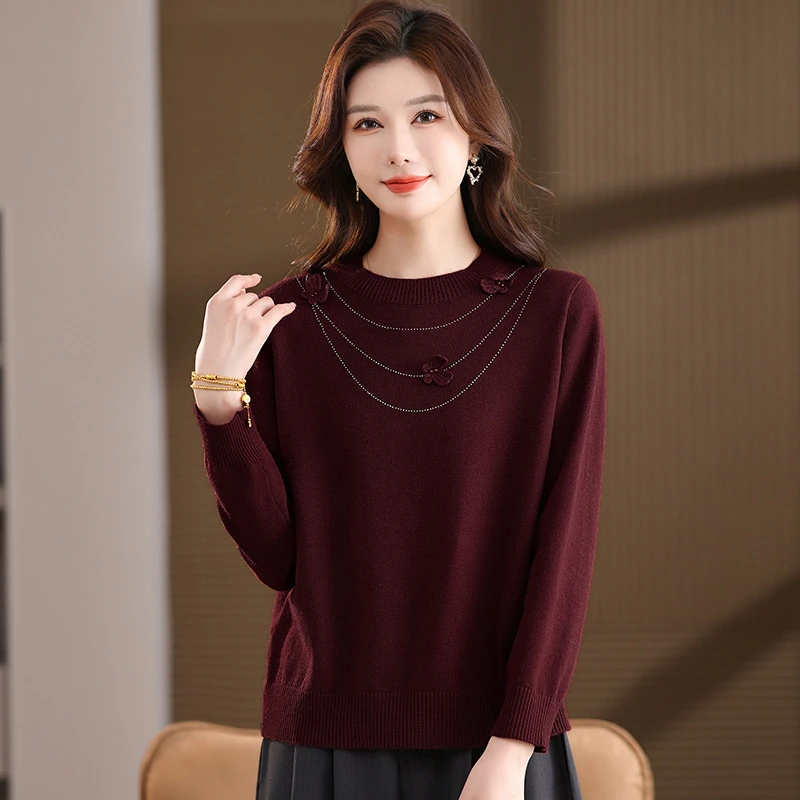圆领针织烫钻打底衫女士长袖秋冬2025新款高级感上衣洋气外穿毛衣