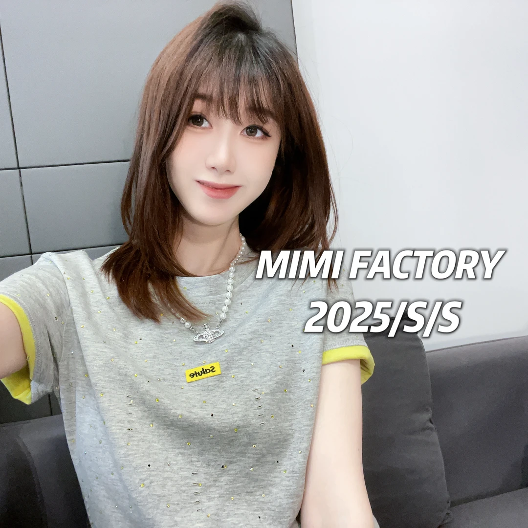 芈芈 2025新款短袖 烫钻双色面料设计T恤女修身显瘦上衣2613#