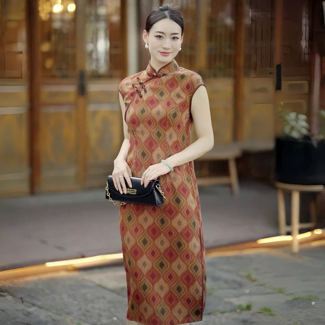 漾姿新款抹袖旗袍25姆米绞罗香云纱桑蚕丝连衣裙 XGX255-25962