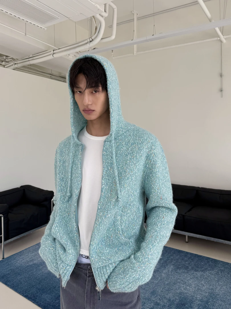 weave【新品】薄荷奶绿 浅绿色花纱羊毛针织混纺连帽开衫毛衣短外套