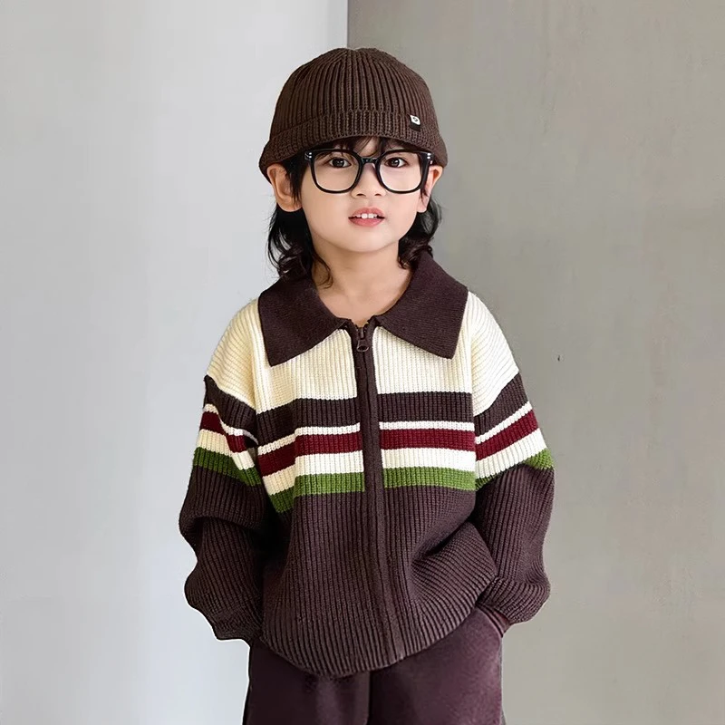儿童毛衣秋冬款冬季加厚男童针织开衫2024新款中小童线衣条纹上衣