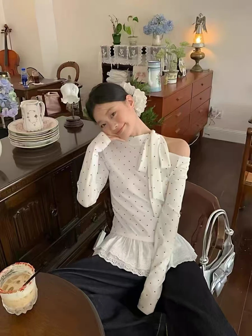 PDM-99088韩系波点蝴蝶结绑带内搭t恤女时尚穿搭蕾丝花边修身上衣