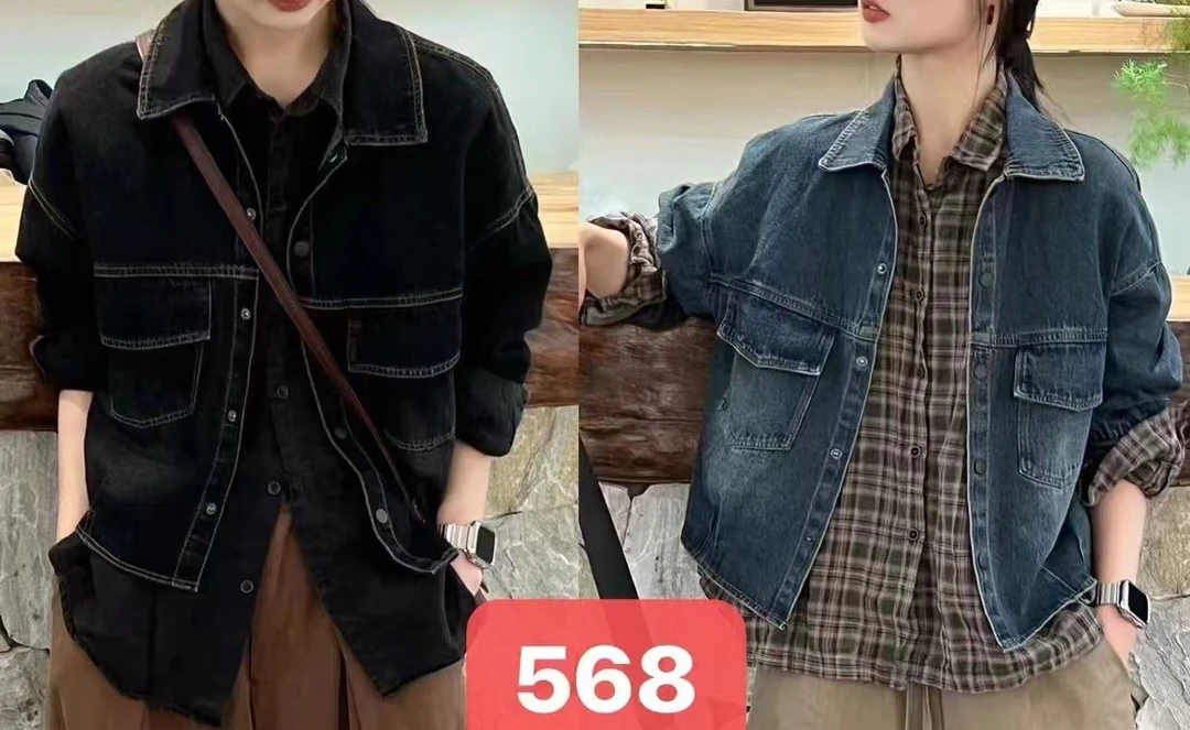 春新款复古牛仔外套女士时尚韩版小个子复古大口袋翻领上衣（568）