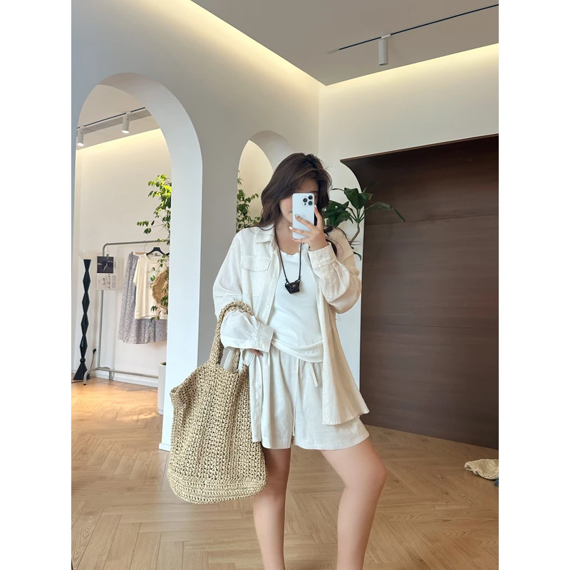 【瘦瘦】老钱亚麻衬衫套装女出游穿搭宽松休闲感防晒俩件套x0010