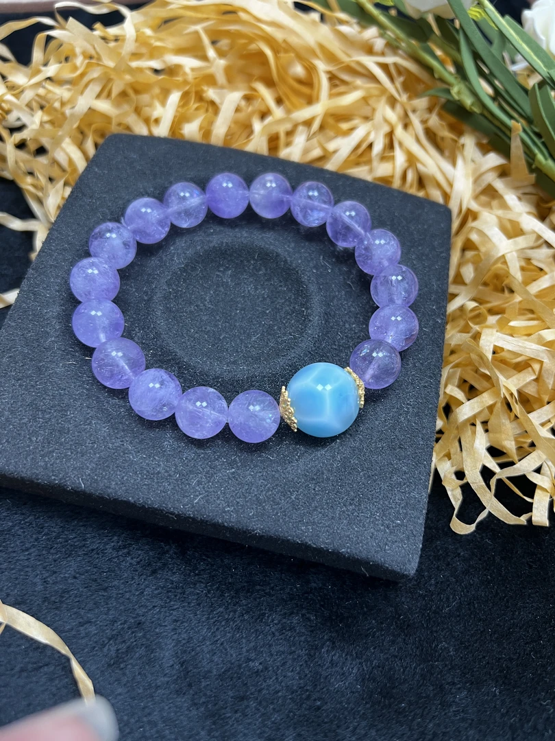 宝欧达天然拉利玛海纹石单珠DIY冰透梦幻薰衣草时尚单圈手串