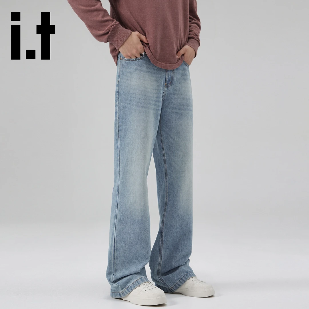 it:CHOCOOLATE浅蓝色美式水洗直筒牛仔裤男秋季新款潮牌阔腿长裤