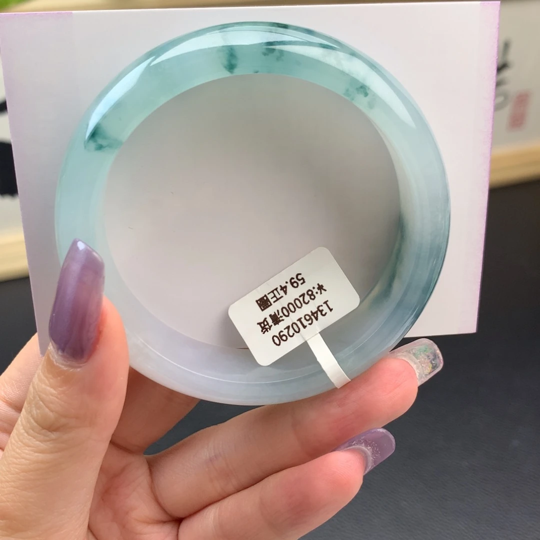 翡翠手镯未镶嵌冰胶底 飘蓝花 正圈59.4