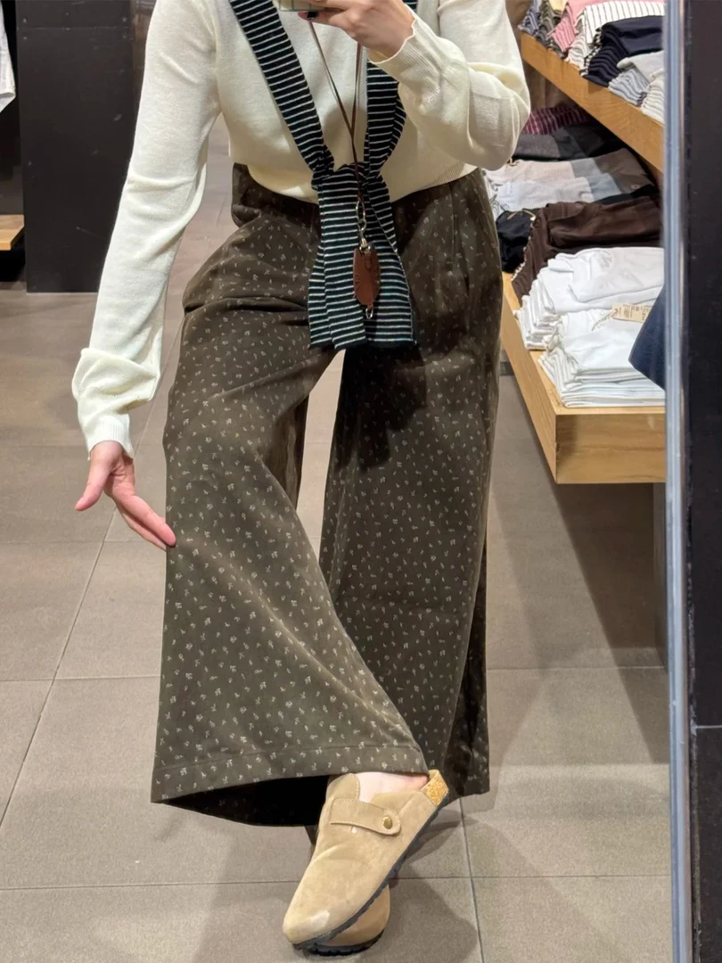 复古棕色碎花阔腿裤子大码胖mm显瘦今年流行梧桐裤秋装直筒休闲裤