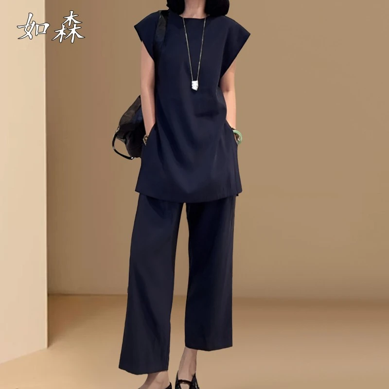 韩系休闲时尚马甲套装女夏开叉无袖宽松上衣显瘦九分阔腿裤两件套