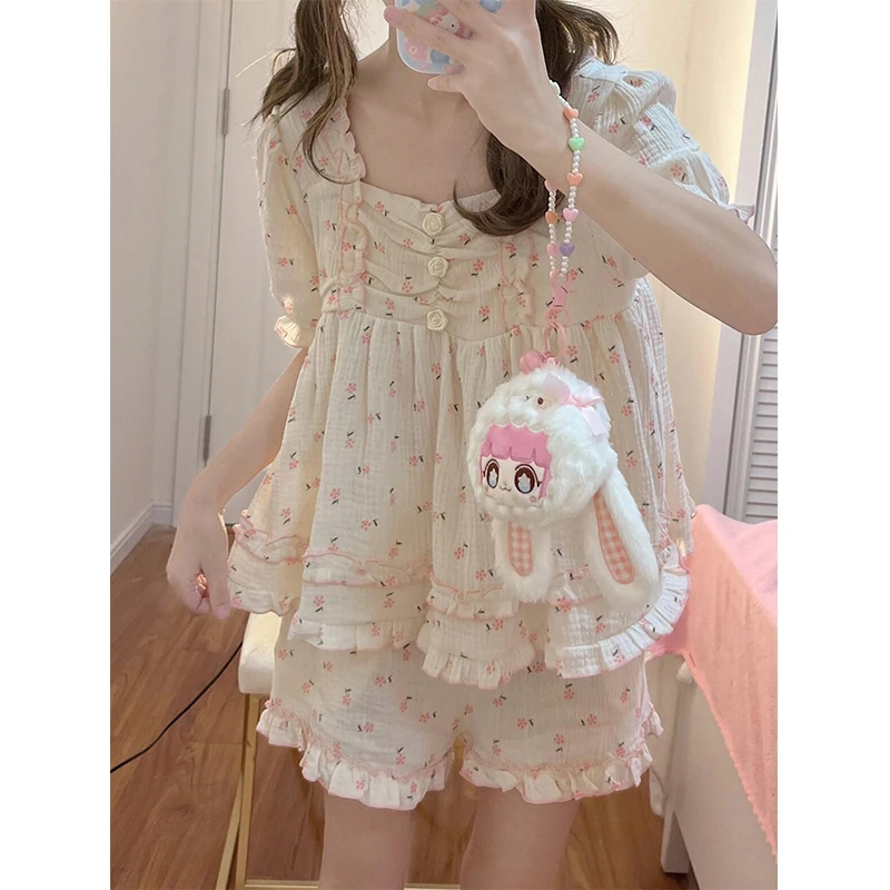 【粉色小碎花】温柔风甜美方领睡衣女夏款短袖短裤家居服套装可外出