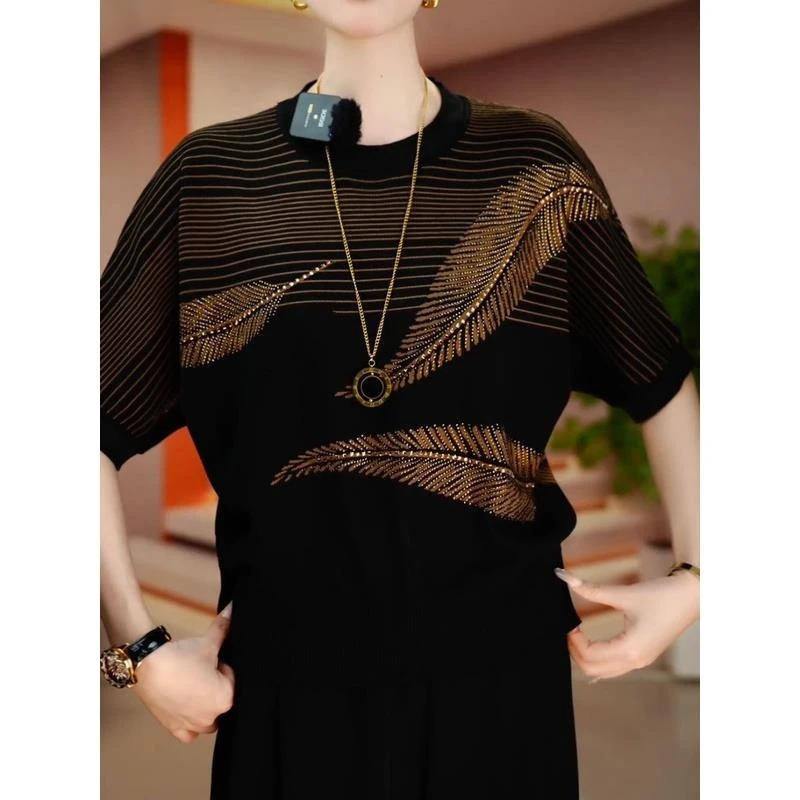 时尚拼色重工镶钻短袖针织衫女2025夏季新款宽松显瘦减龄百搭上衣