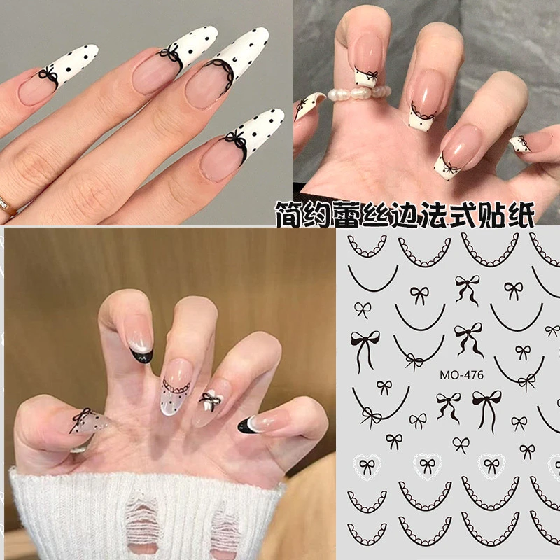 2025美甲新款蕾丝法式边贴纸黑色蕾丝芭蕾风蝴蝶结贴纸简约