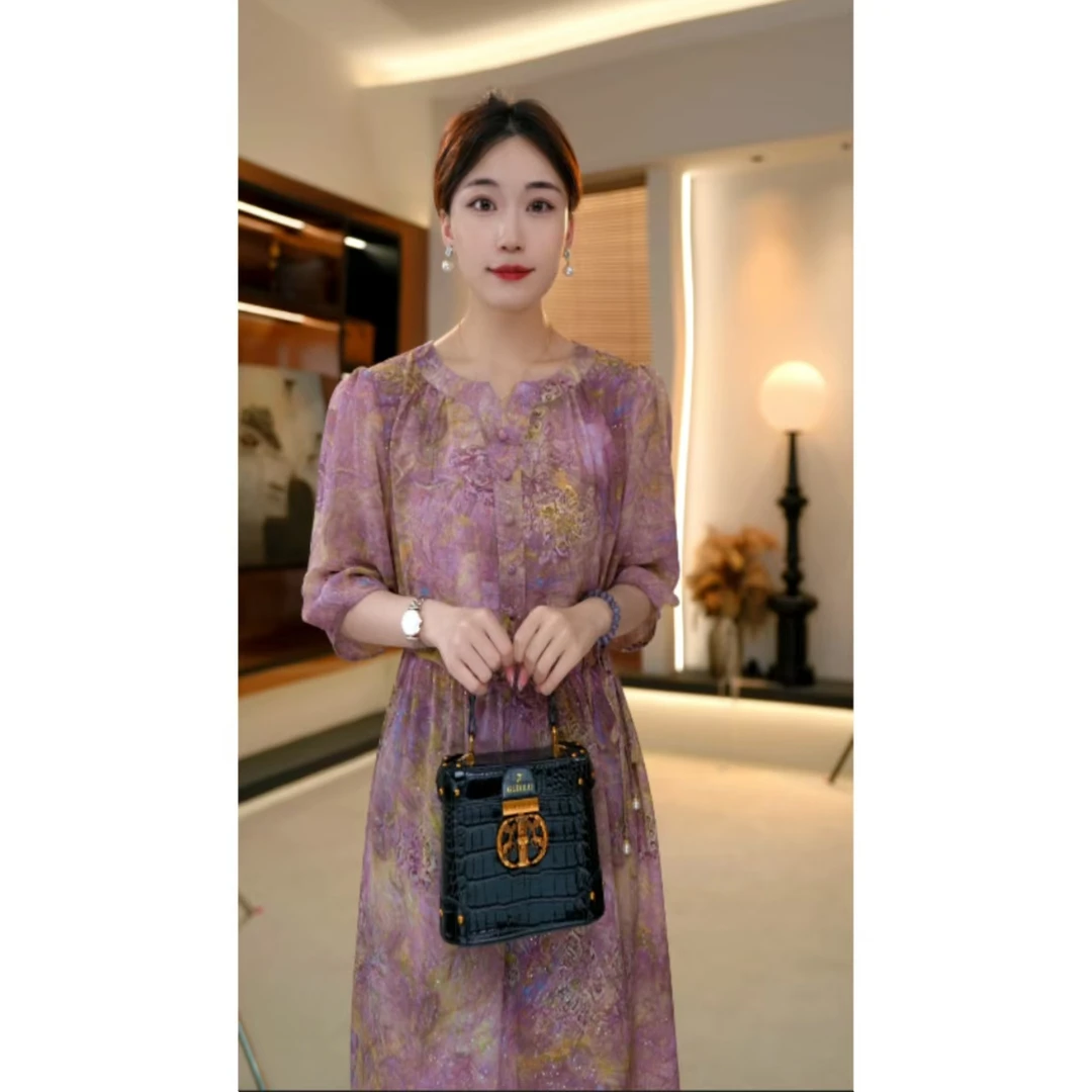 雾紫绡裳-2025高端连衣裙高贵显瘦新款夏季中年妈妈装中长款-婷婷