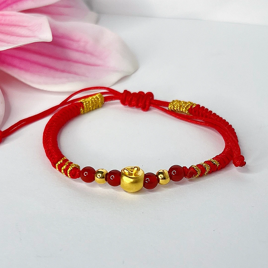 足金999镶嵌精致平安果幸运编织玛瑙手绳  圣诞节礼物
