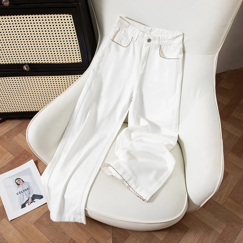夏季薄款白色九分高腰阔微喇牛仔裤女高腰弹力宽松显瘦裤子9818