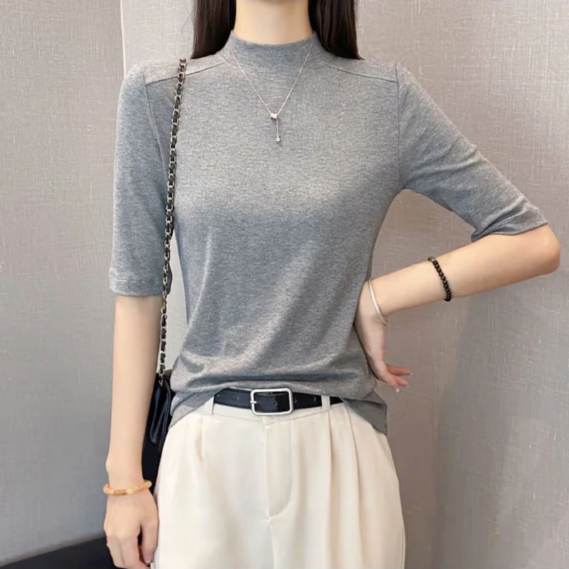 半高领鱼骨中袖t恤女2025秋季新款修身五分袖打底衫内搭显瘦上衣