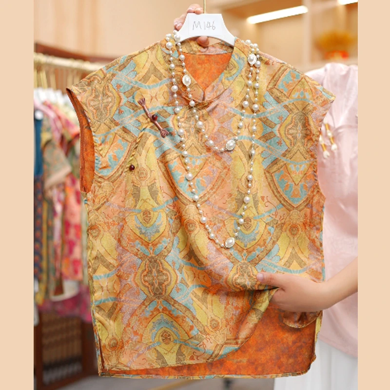 M146印花立领落肩袖宽松显瘦新中式复古风茶服上衣衬衫