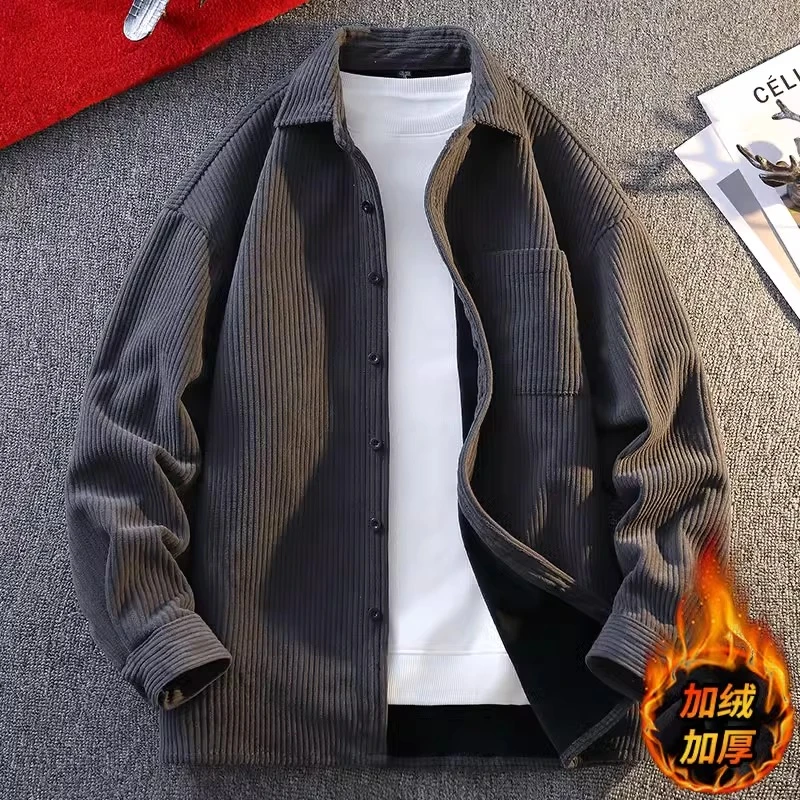 Cebrodz冬款加绒加厚衬衫夹克男士翻领保暖青少年冬装上衣外套男