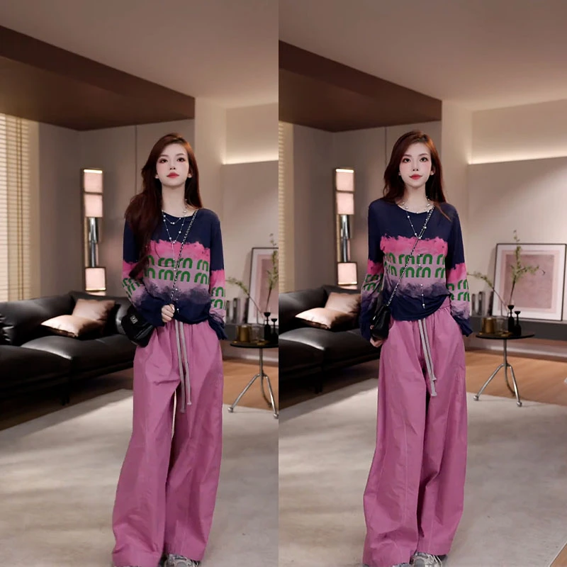 2025秋季新款设计感时尚百搭印花字母圆领长袖上衣女休闲裤两件套