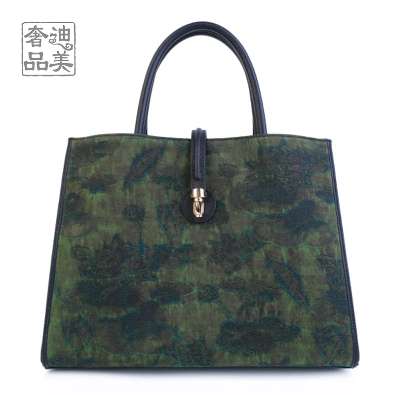 七七-（锦油稠绿荷）LC2900香云纱手拎斜挎包34*27*15cm