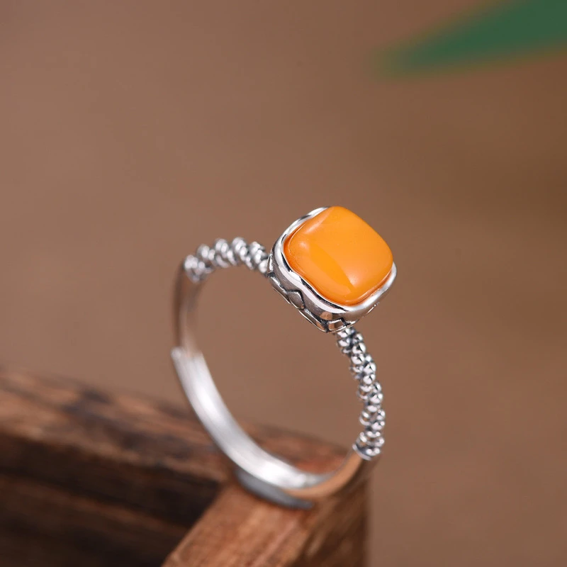 s925银镶嵌蜜蜡戒指女款开口复古指环小众复古个性简约