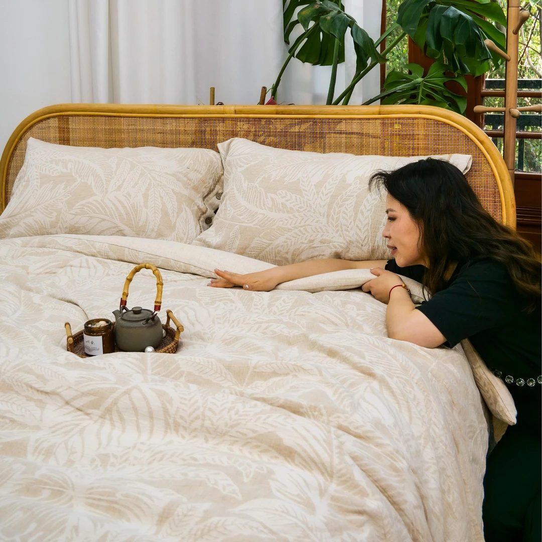 【新楼岚】35%亚麻四件套纽扣款亚麻色织提花高端人气款床品四件套