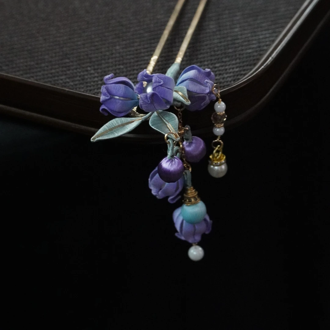 紫蓝铃兰U钗非遗缠花发饰头饰花朵u型发簪古风簪子湖北缠花日常