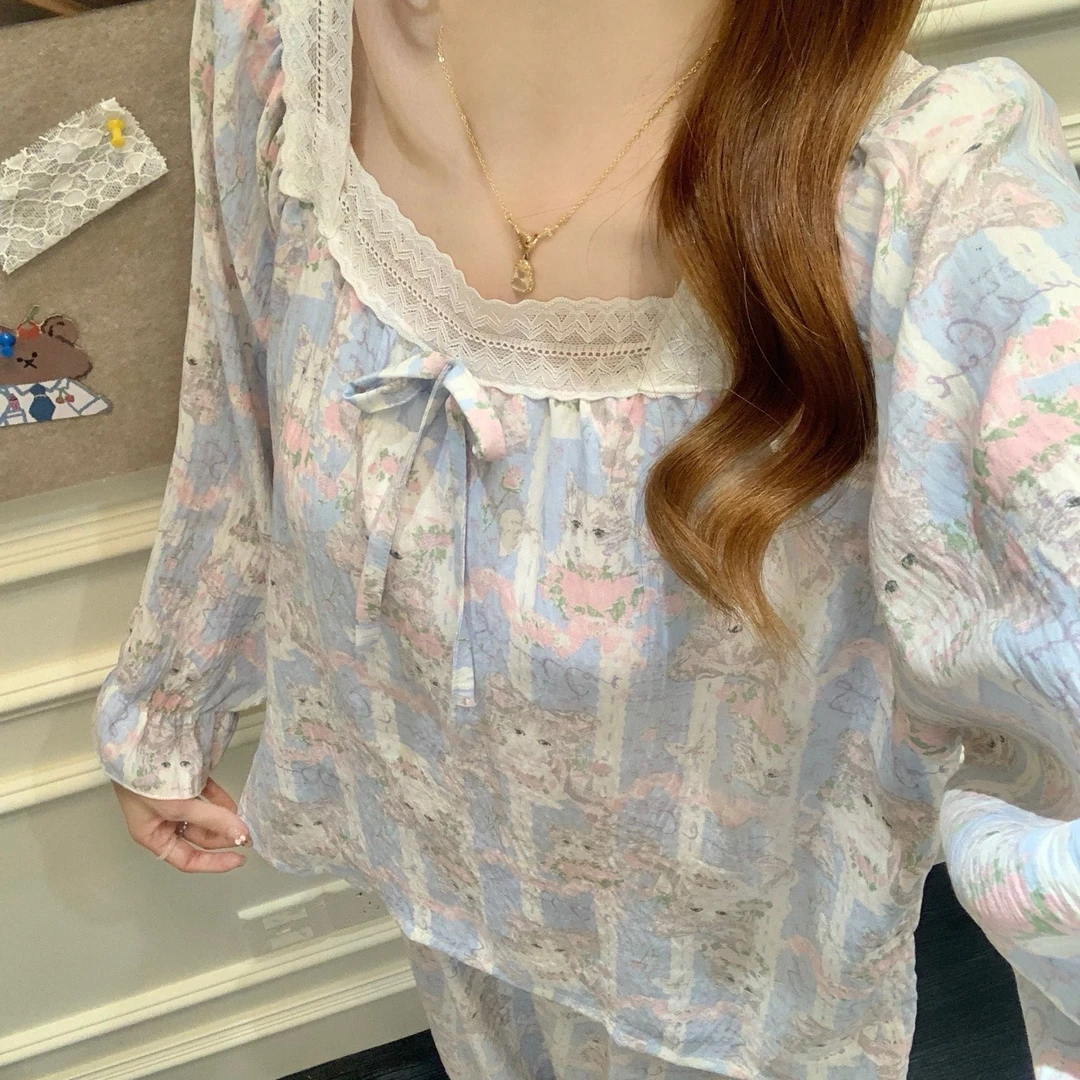带胸垫睡衣女春秋款日系可爱猫咪公主风花边长袖长裤秋冬季家居服