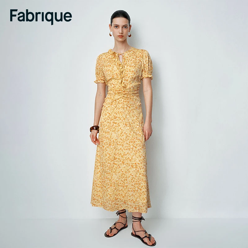 Fabrique Paula 春夏新款金盏黄碎花绑带荷叶边茶歇裙收腰连衣裙