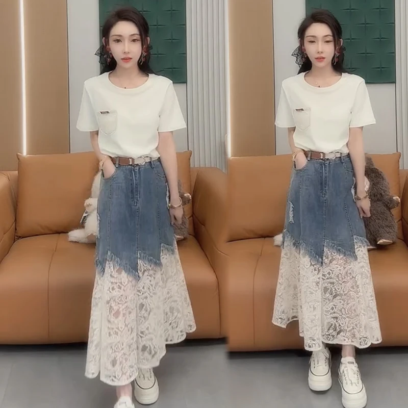 2025春夏季新款时尚显瘦网红洋气女宽松大码短袖牛仔长裙两件套潮